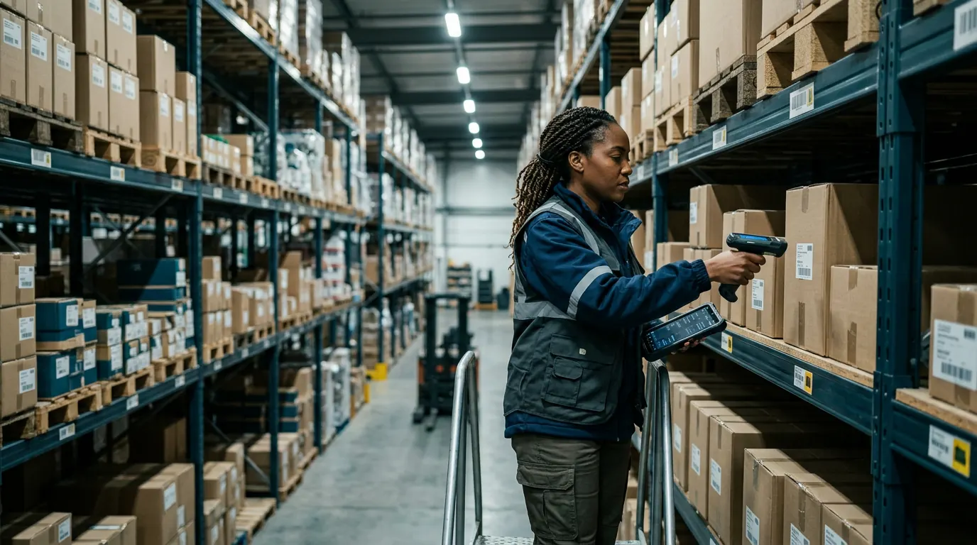 Inventory specialist scanning stock on warehouse shelving