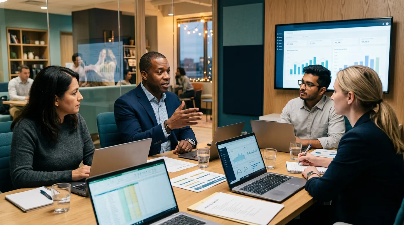 Supply chain manager leading a supplier performance review meeting