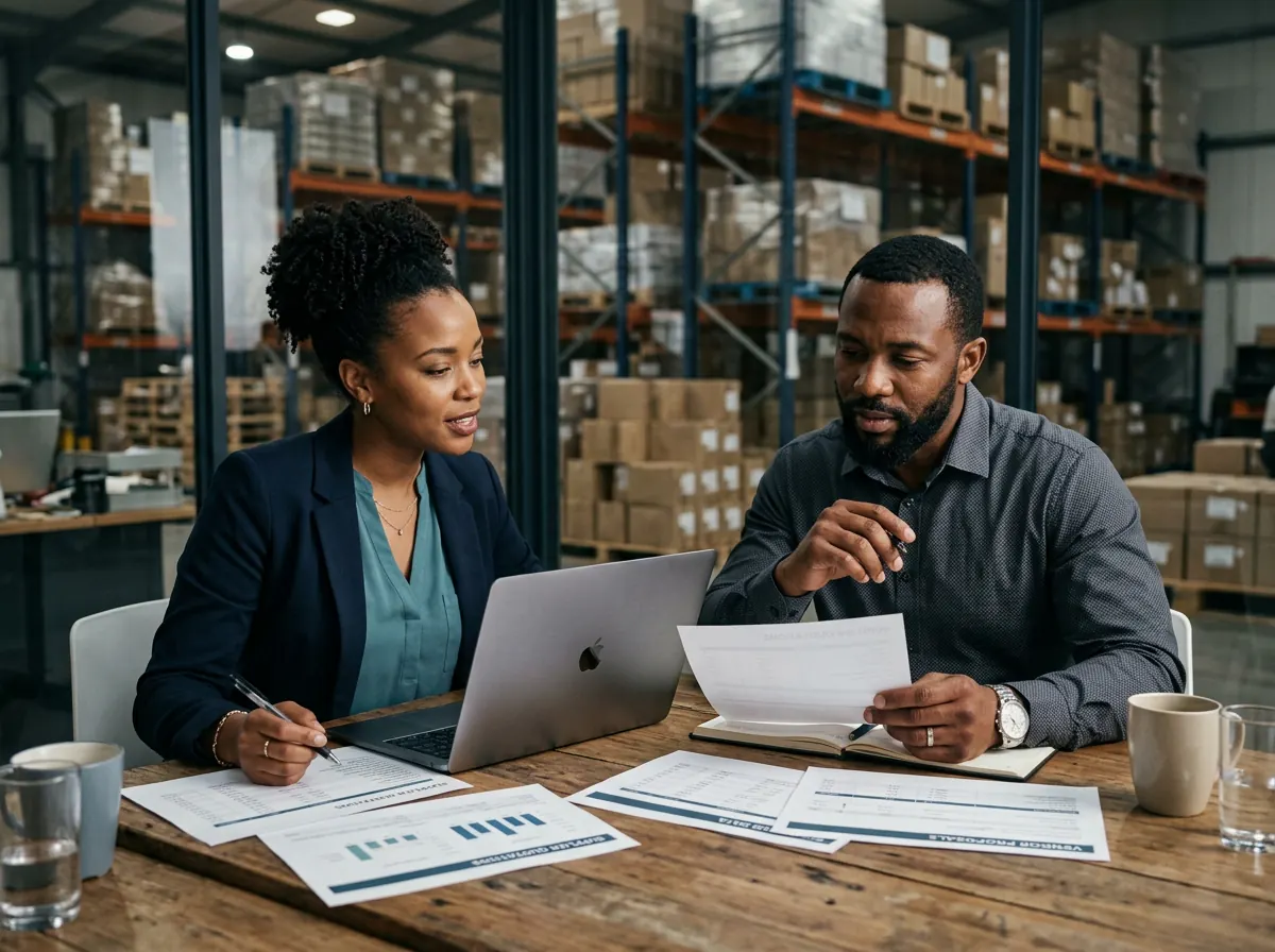 Consultant and business owner reviewing supplier spend on a laptop